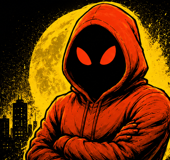 A hooded figure in an orange hoodie with glowing red eyes, arms crossed, standing before a large yellow moon and a dark city skyline